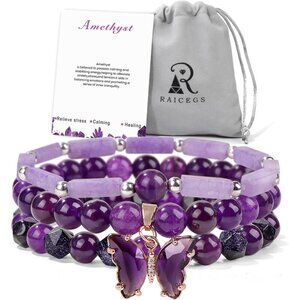 Stylish Natural Stone Bracelet Set - Amethyst & Rose Quartz for Inner Calmness